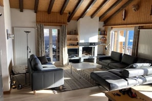 Un salon avec une cheminée, des canapés et une vue sur les montagnes.