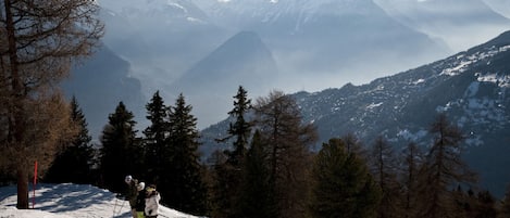 Paesaggio montano innevato con sciatori e una zona boschiva.