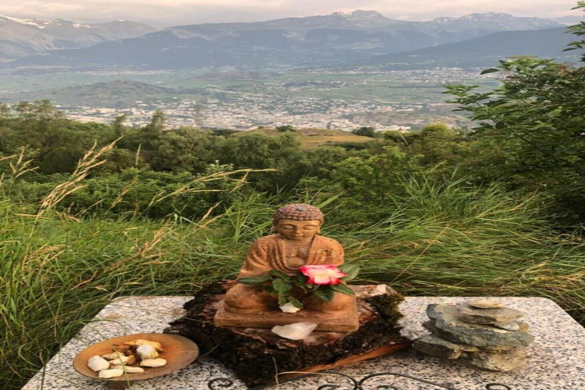 Une statue de Bouddha, ornée d’une rose, entourée de verdure et se dressant sur un fond de montagnes.