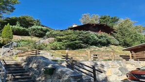 A stone staircase leading to a wooden cabin on a hillside, surrounded by trees and vegetation. - Chalet in Vex near Les Masses Chairlift (Vex)