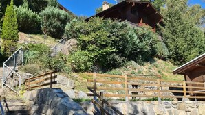 A stone staircase leading up to a wooden cabin with a metal railing, surrounded by dense greenery and trees. - Chalet in Vex near Les Masses Chairlift (Vex)