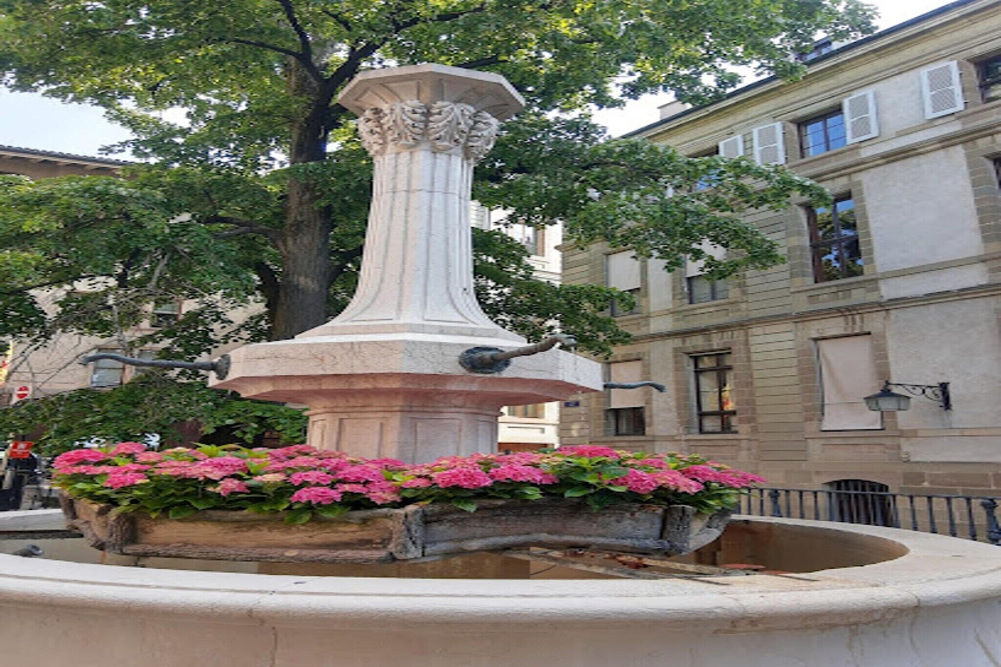 Une fontaine classique, avec une colonne et un parterre de fleurs au centre, entourée d’une zone pavée et de bâtiments en arrière-plan.