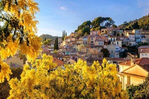 A hillside town with terracotta-roofed buildings and dense foliage. - Mountain Escape with Fireplace (Veysonnaz)