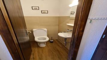 Un baño pequeño con inodoro, lavamanos y espejo.