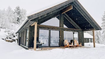 Surrounded by snow-covered trees, this cabin features a steeply pitched roof and large windows.