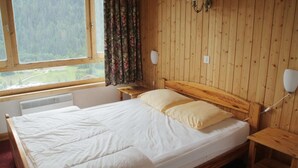 A wooden-paneled room with a bed, a nightstand, a lamp, and a window with curtains. - Val Pierre apartment for 8 people (Châtel)