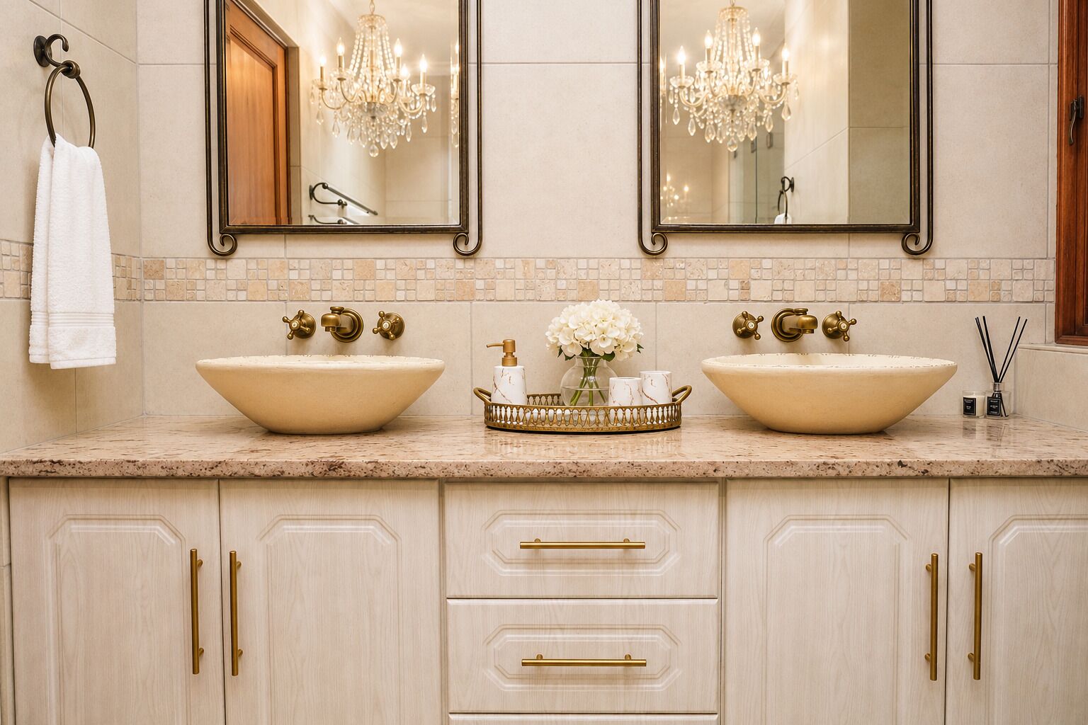 A bathroom with two large sinks, a mirror, a chandelier, and a towel rack.
