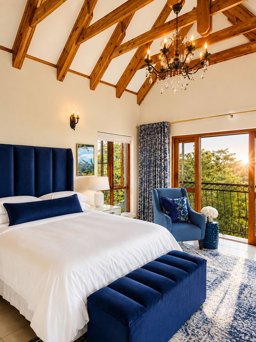A bedroom with a large bed, a chandelier, a view of greenery through the window, and a balcony.