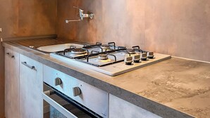 Een moderne keuken met een gasfornuis, een spoelbak en inbouwkastjes.