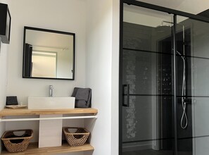 A modern bathroom with a glass shower enclosure, a white sink, and a mirror above it. - Laguillotte - Double room-Twin  (Seignosse)