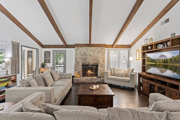 Smart TV, fireplace, video games, DVD player