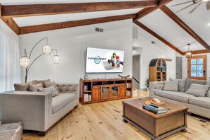 Smart TV, fireplace, video games, DVD player