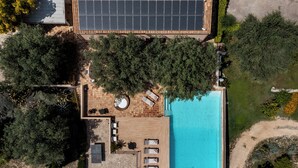 Vista aérea de una propiedad con piscina, terraza cubierta y abundante vegetación.