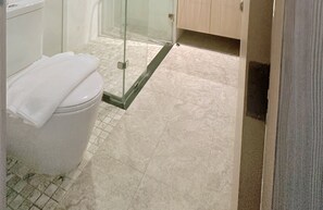 Hair dryer, towels, soap, toilet paper