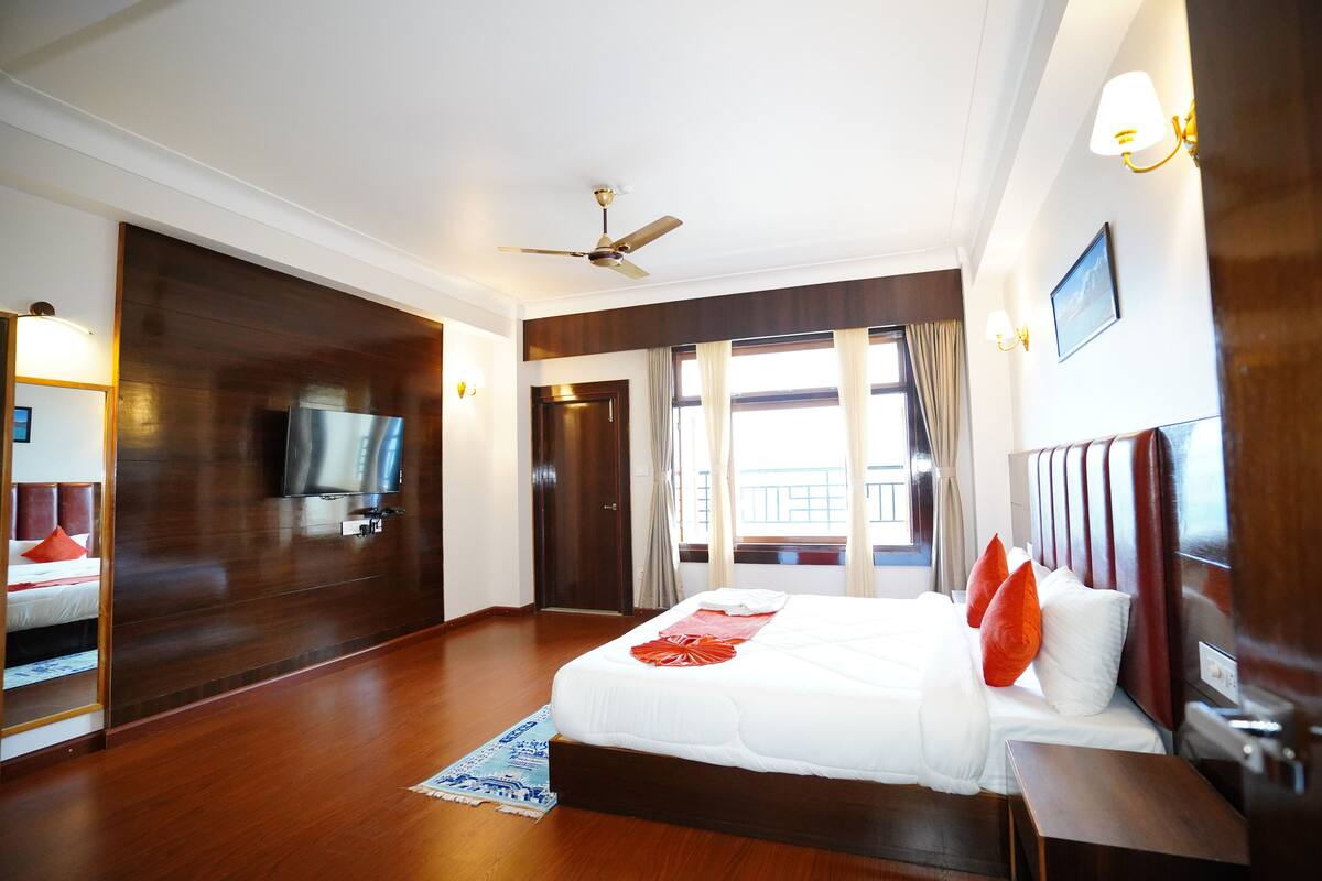 A hotel room with a large bed, a ceiling fan, a TV, and a view of the outside balcony.