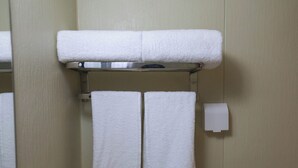 Une salle de bain équipée d’un porte-serviettes où sont rangées deux serviettes et d’un distributeur d’essuie-tout.