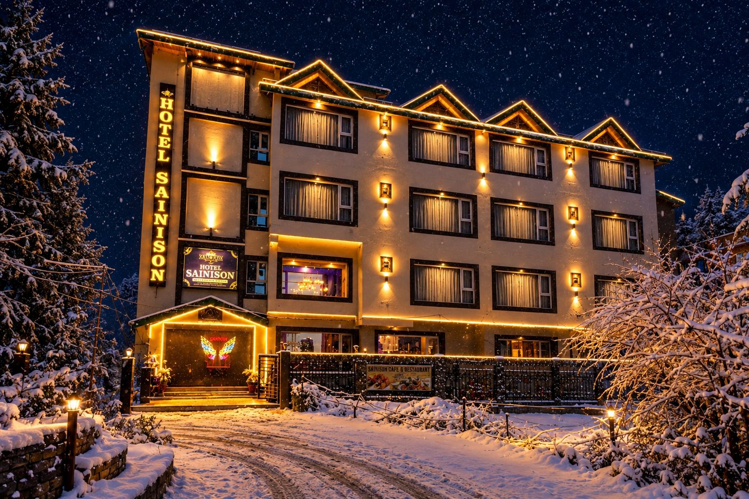 A multi-story hotel with a prominent sign, multiple windows, and a snow-covered entrance.