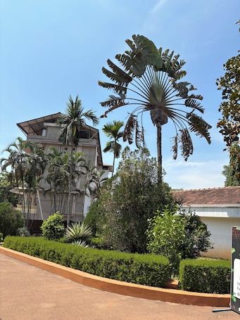 A building with a tiled roof, surrounded by well-maintained hedges and palm trees.