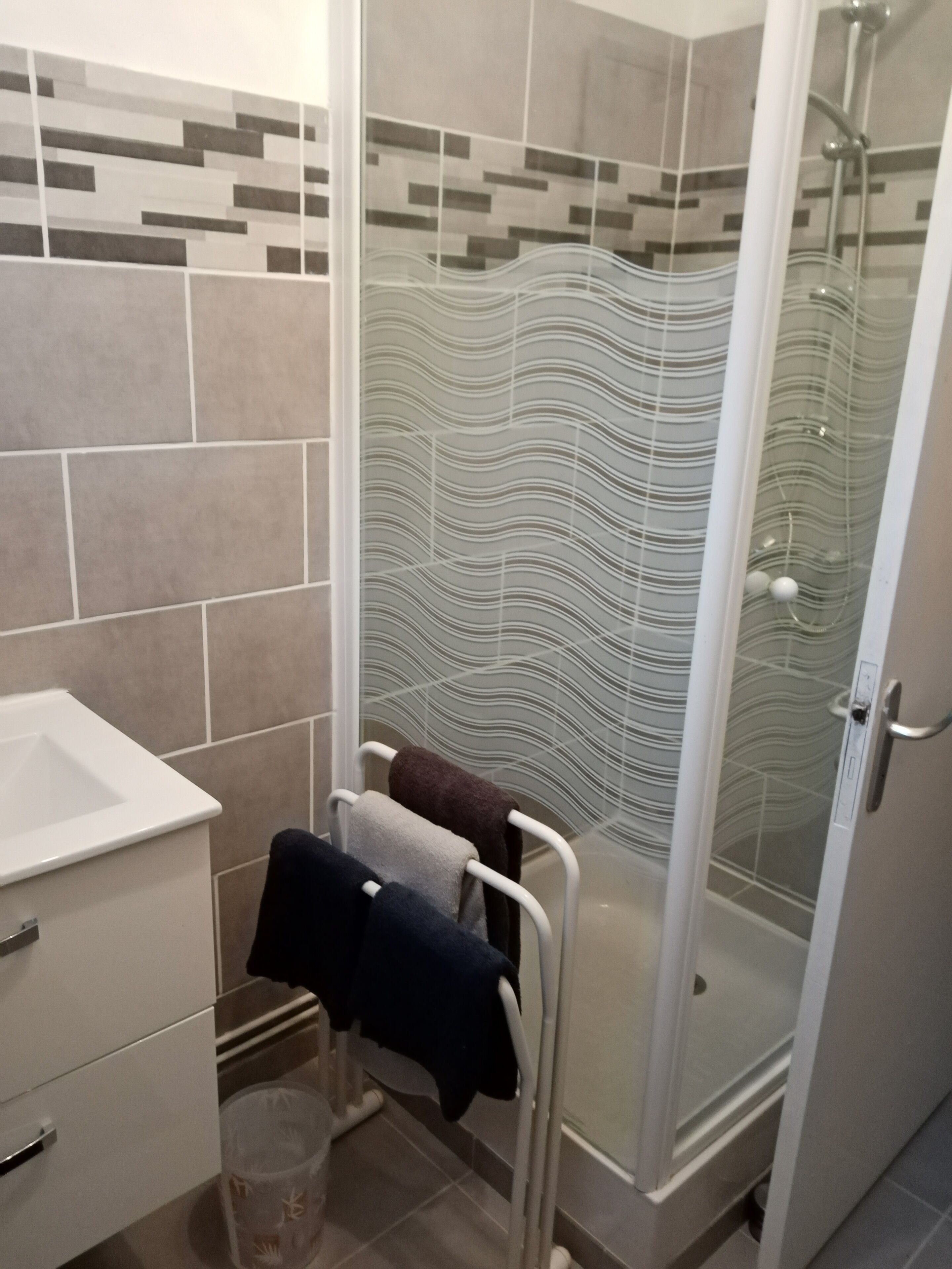 Ein Badezimmer mit Dusche, Waschbecken und Handtuchhalter.