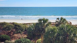 A beach view with a clear sky, a sandy shore, and palm trees. - Oceanfront w/ Lazy River! Rare floorplan, Nicely Furnished, 2BRs-Bridgewater 507 (Pawleys Island)
