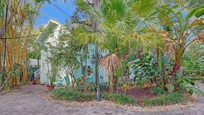 A tropical garden with a variety of plants and a pathway leading to a building with a blue facade.