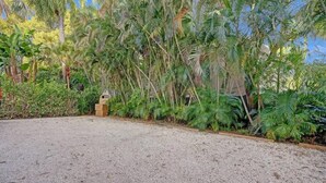 Une allée de gravier mène à un bâtiment entouré d’une végétation tropicale luxuriante.