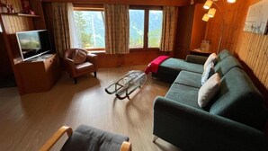 Un salon chaleureux avec un canapé, un fauteuil et une table basse. On y trouve un téléviseur posé sur un meuble en bois, ainsi qu’une grande fenêtre avec des rideaux.