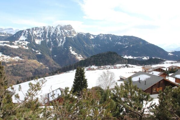 Un paysage montagneux aux sommets enneigés, avec une zone résidentielle comprenant des maisons.