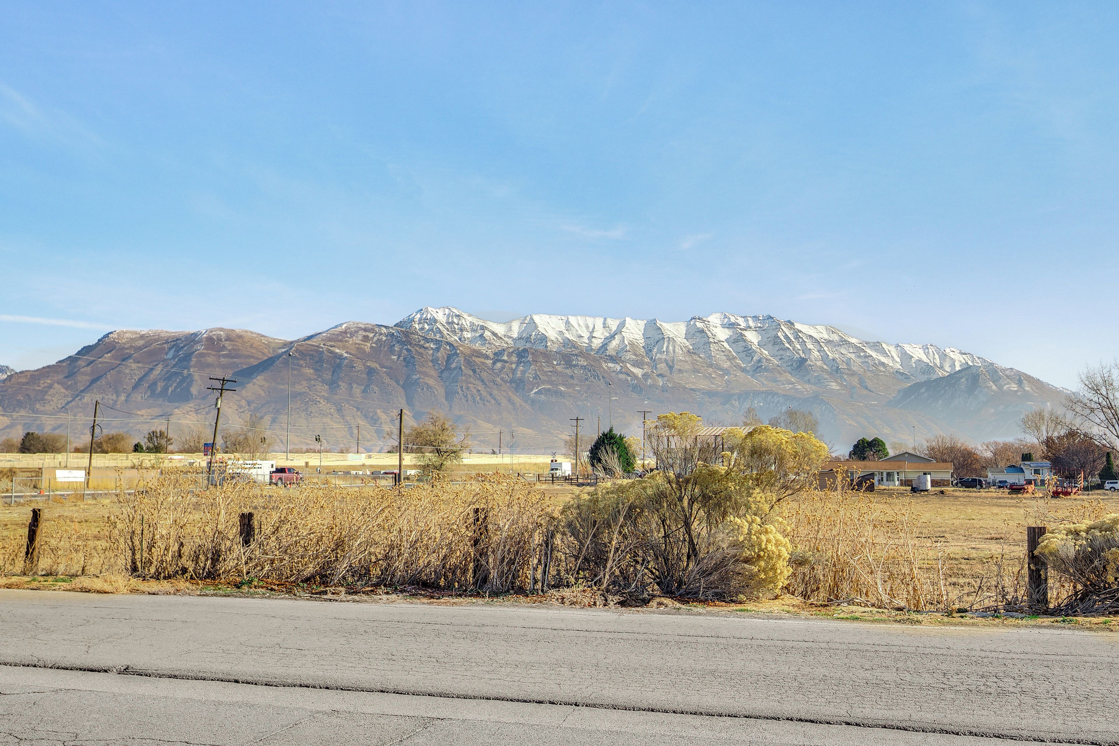 A road leading to a residential area with houses and a mountain range in the background.