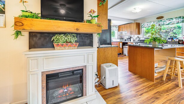 Eine moderne Küche mit Kamin, Holzregalen mit Pflanzen, einem Fernseher und einer Kücheninsel mit Barhocker.
