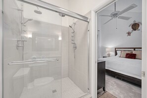 Shower, hair dryer, towels