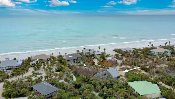 Zona residencial costera con casas, palmeras y una playa.