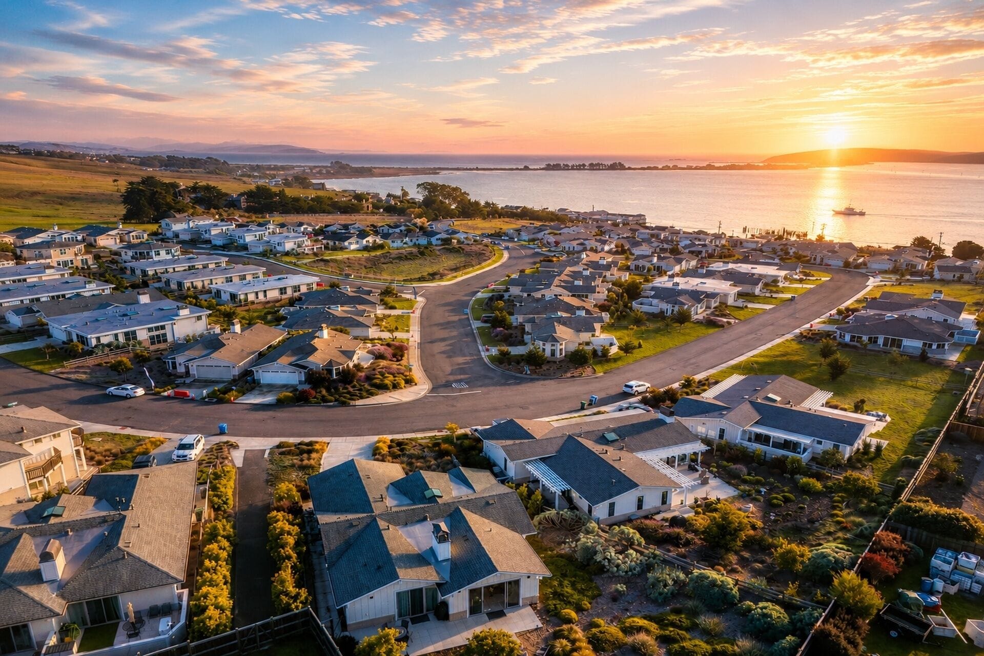 A residential area with houses, roads, and a body of water in the background.