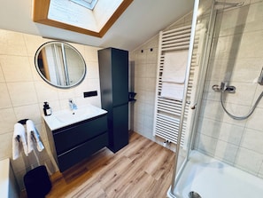 Hair dryer, towels, soap, shampoo