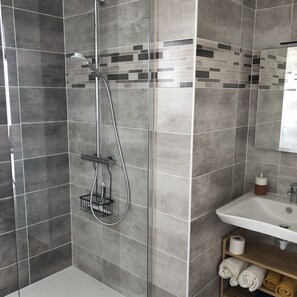 Regadera, secadora de cabello, toallas, papel de baño 