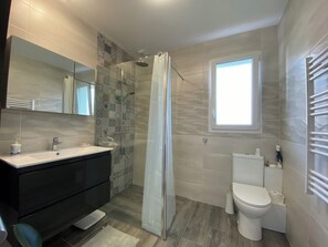 Shower, hair dryer, toilet paper