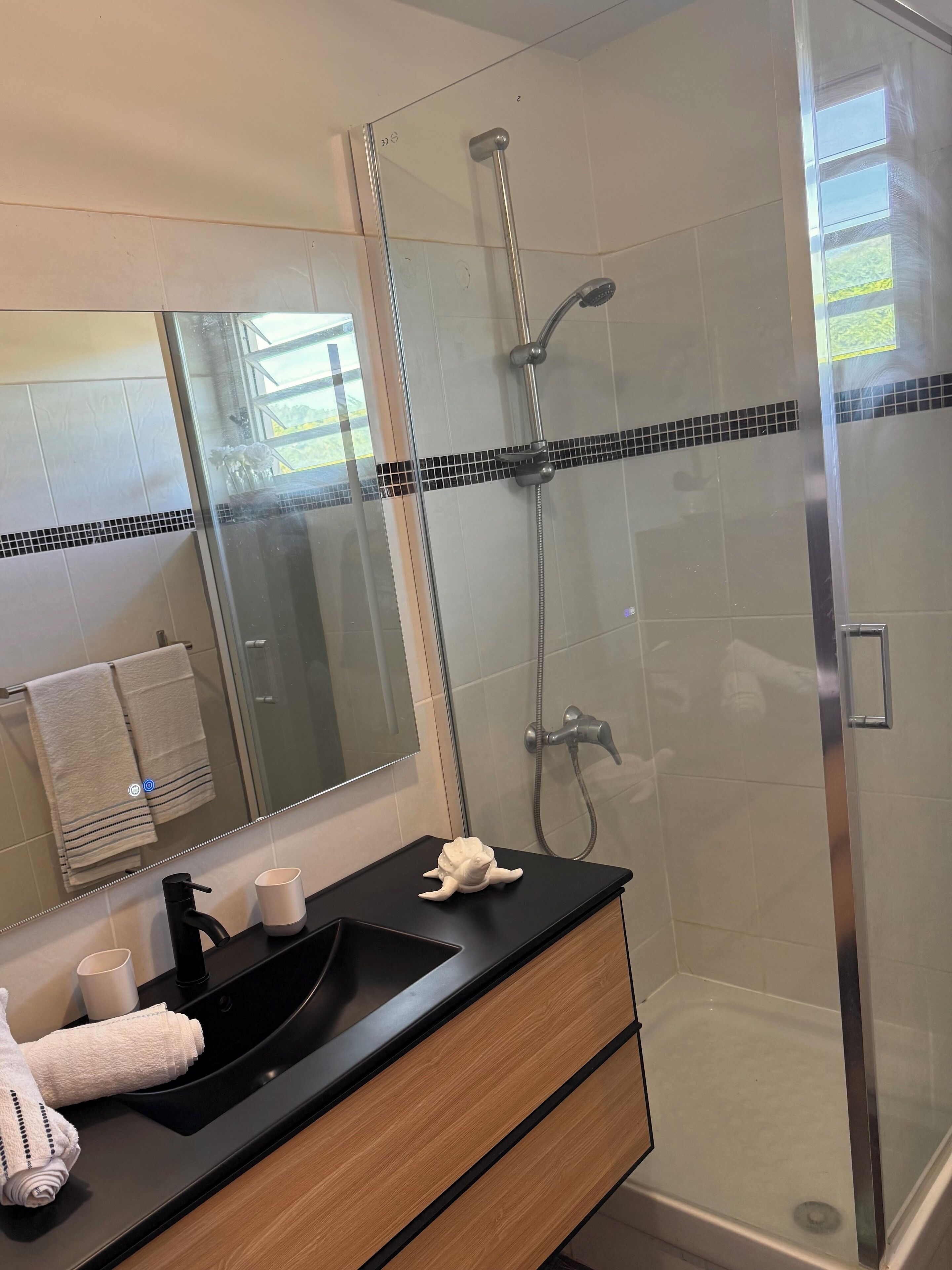Douche, sèche-cheveux, serviettes fournies