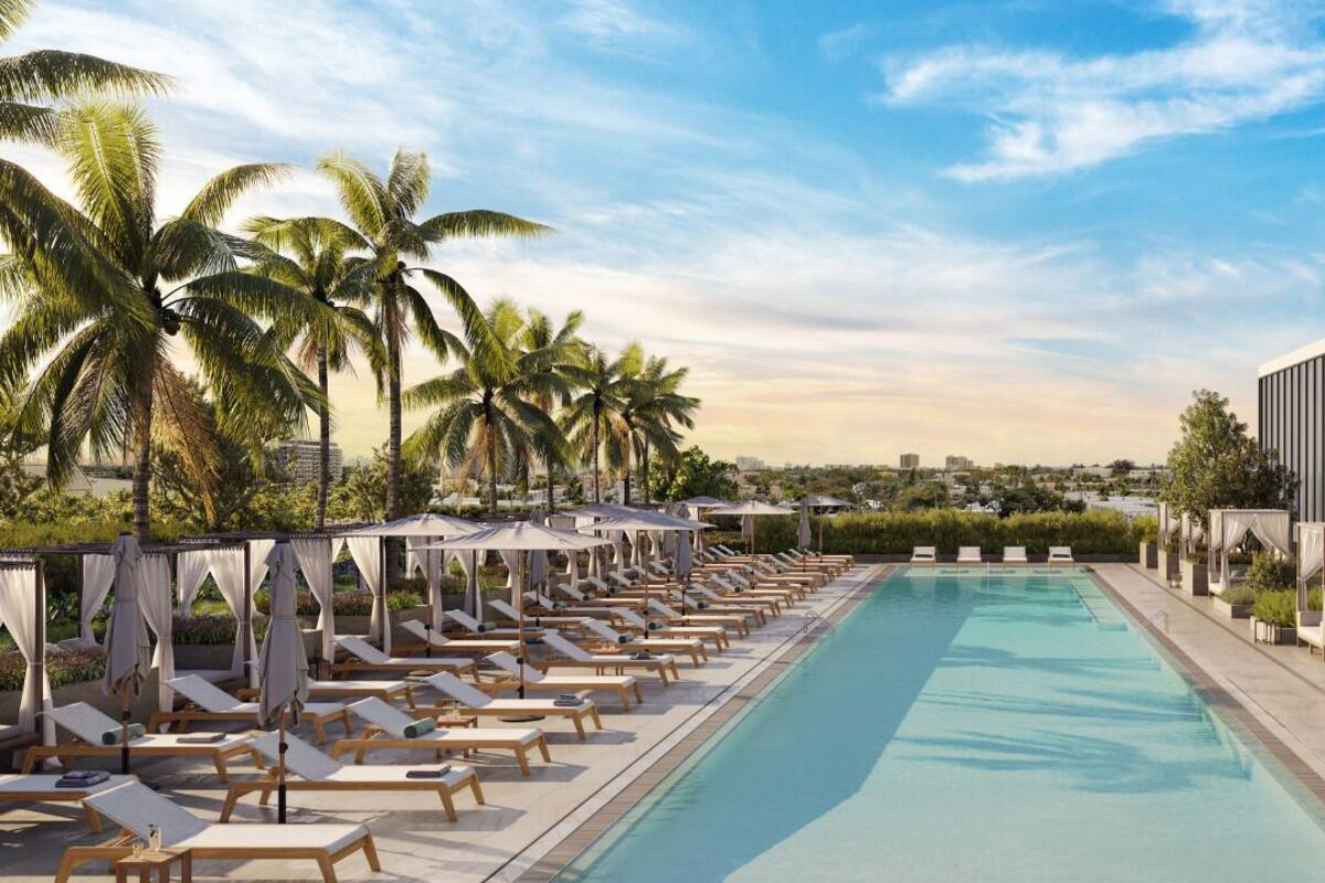 A swimming pool with lounge chairs and umbrellas, surrounded by palm trees, with a view of the cityscape.