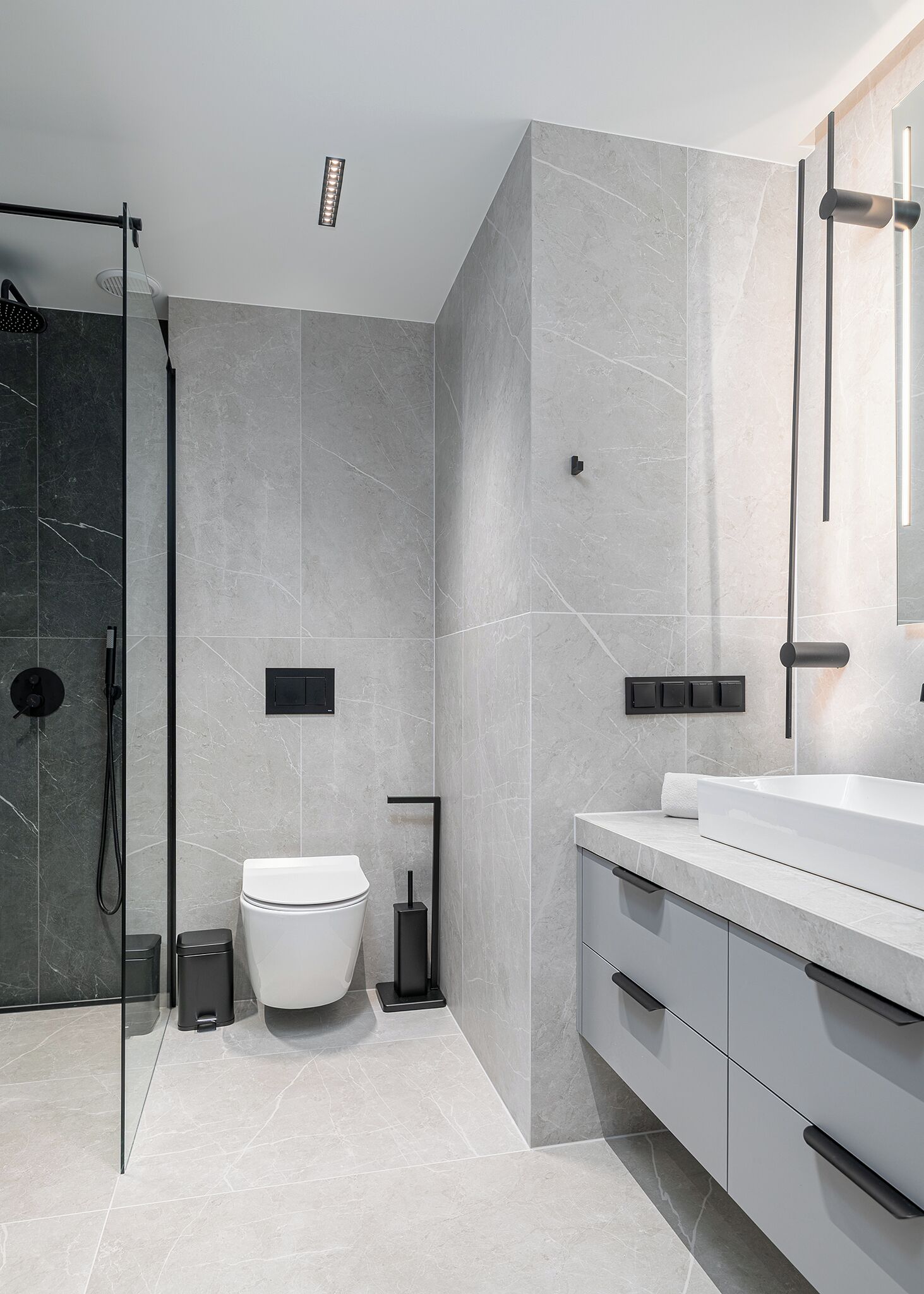 A modern bathroom with a glass shower enclosure, a toilet, and a vanity with a mirror.