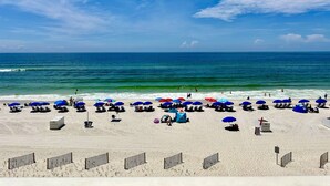 A beach with umbrellas and beach chairs, a sandy shore, and the ocean.