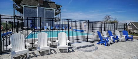 Seasonal outdoor pool, pool umbrellas, pool loungers