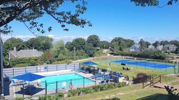 Seasonal outdoor pool, pool umbrellas, pool loungers