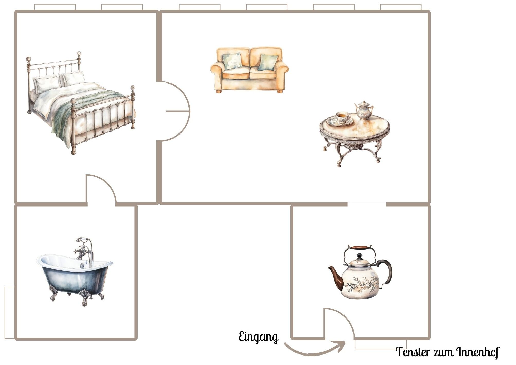 Una habitación con cama, sofá, una mesa con tetera, bañera y ventana.