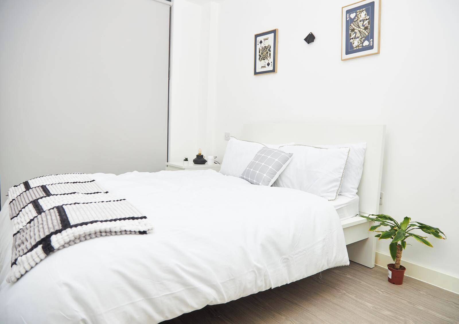 A neatly made bed with a white comforter and a black and white patterned throw. There is a small bedside table with a lamp and a potted plant. The room has white walls and a wooden floor.