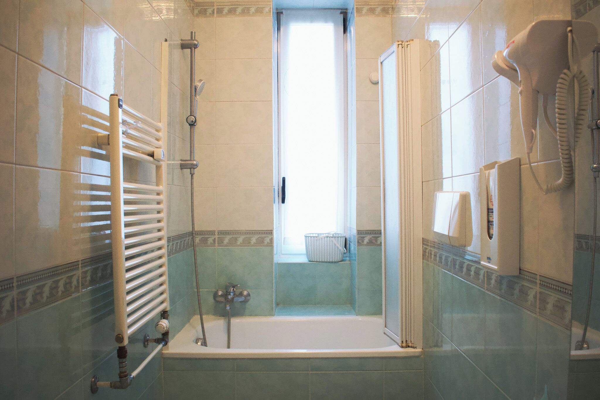 Hair dryer, bidet, towels, soap