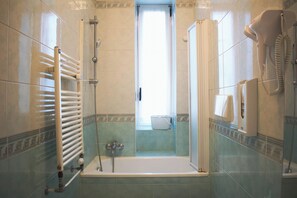 Hair dryer, bidet, towels, soap
