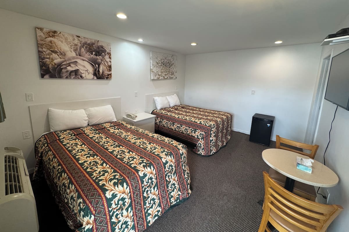 Une chambre d’hôtel avec deux lits, une petite table, une chaise, un radiateur et un téléviseur.