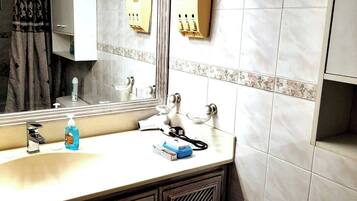 Douche, baignoire Ă jets, sĂšche-cheveux, serviettes fournies