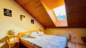 A bedroom with a sloped ceiling, a skylight, a bed with a patterned bedspread, a bedside table with a lamp, and a wall-mounted heater.