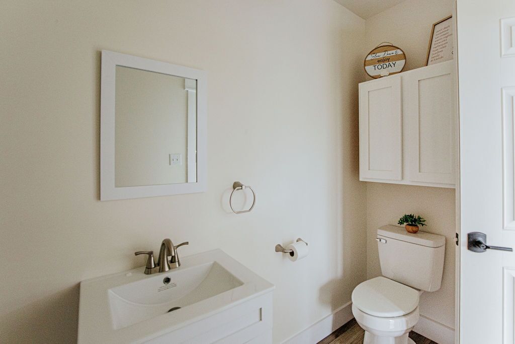 A bathroom with a white sink, mirror, toilet, and a cabinet with a small plant.